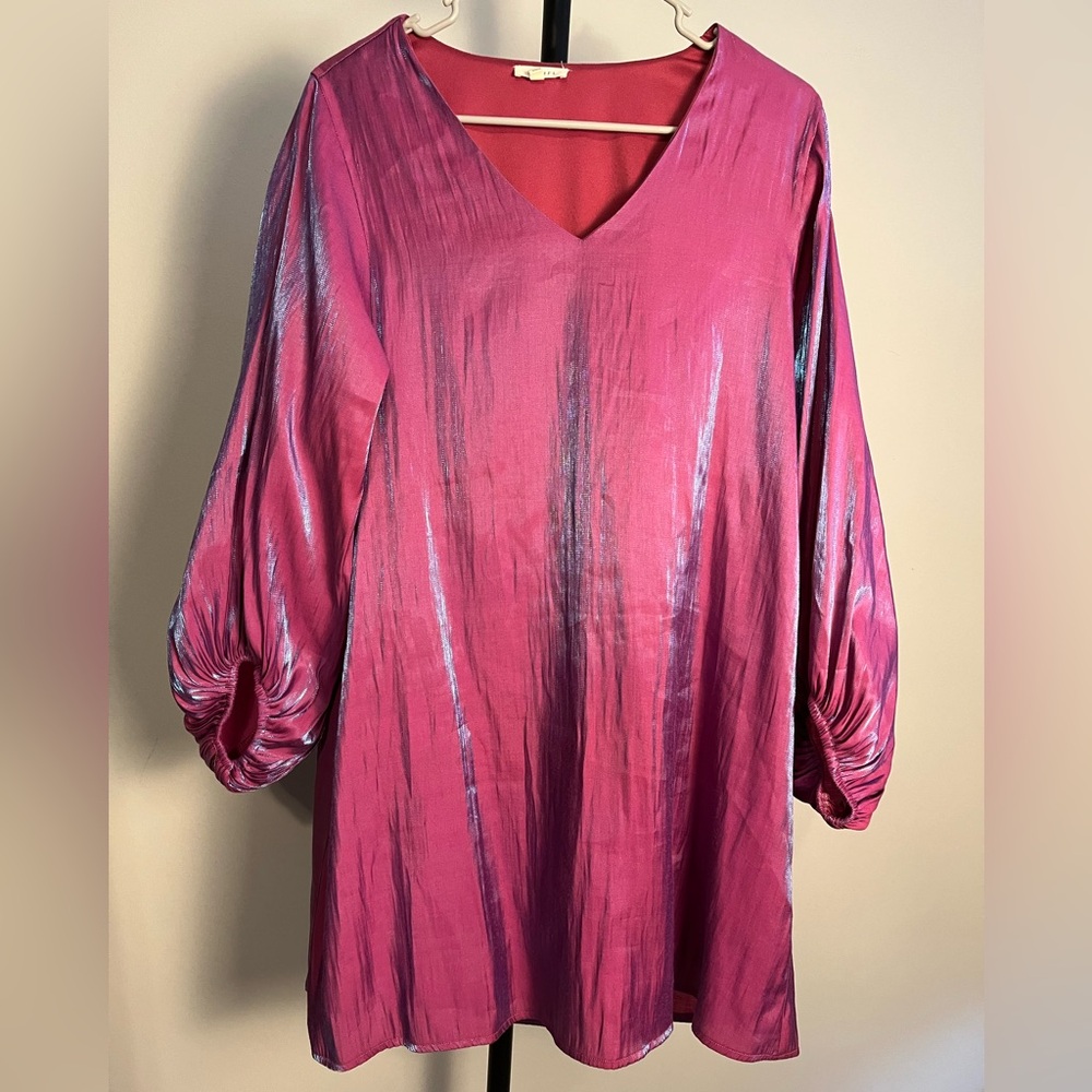 JODIFL Dress Shimmering Pink V-Neck Balloon Sleeve Shift Small